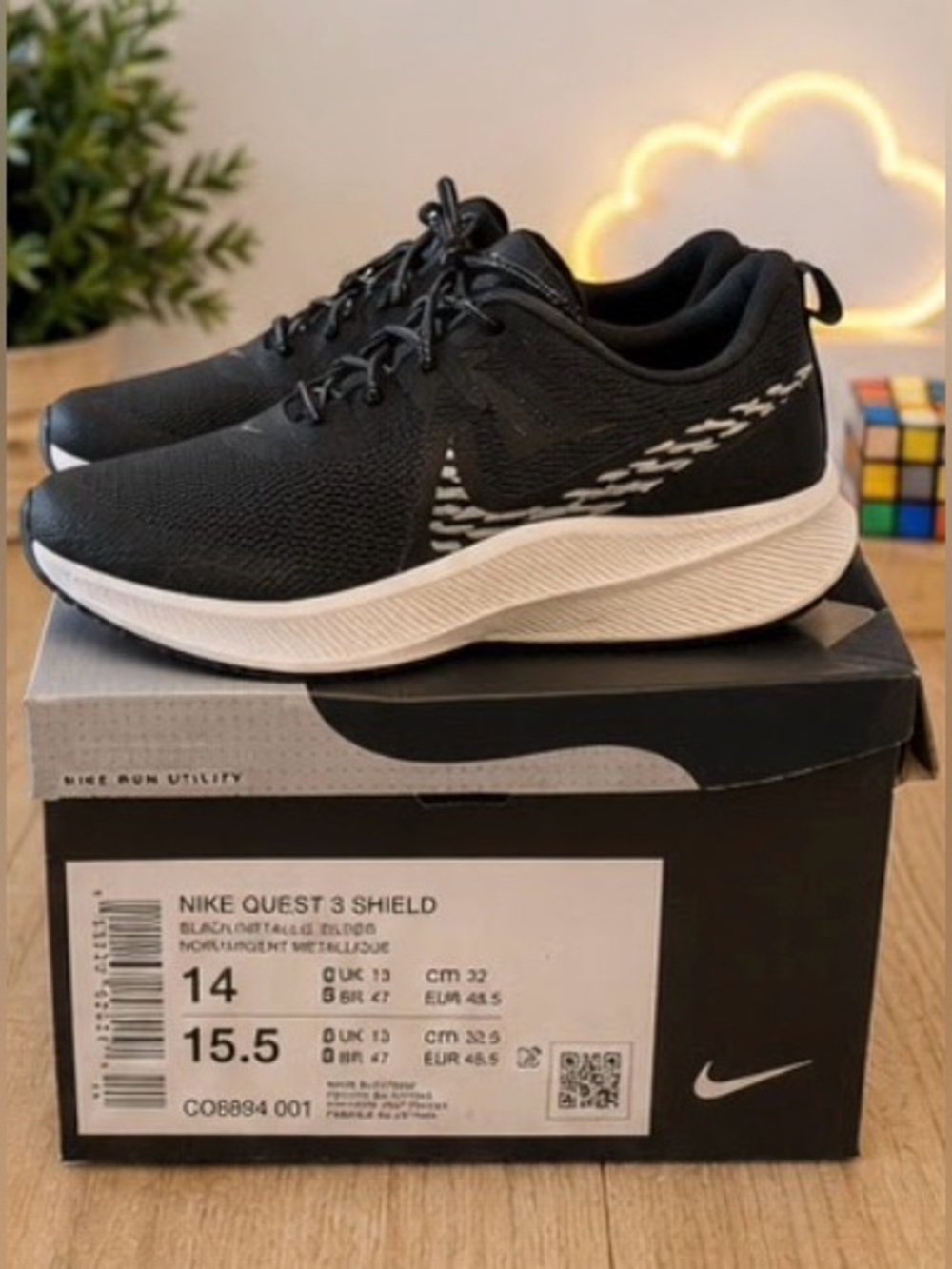 Nike Quest 3 Shield Running Sneakers Black White Water Resistant men’s 14 NWT